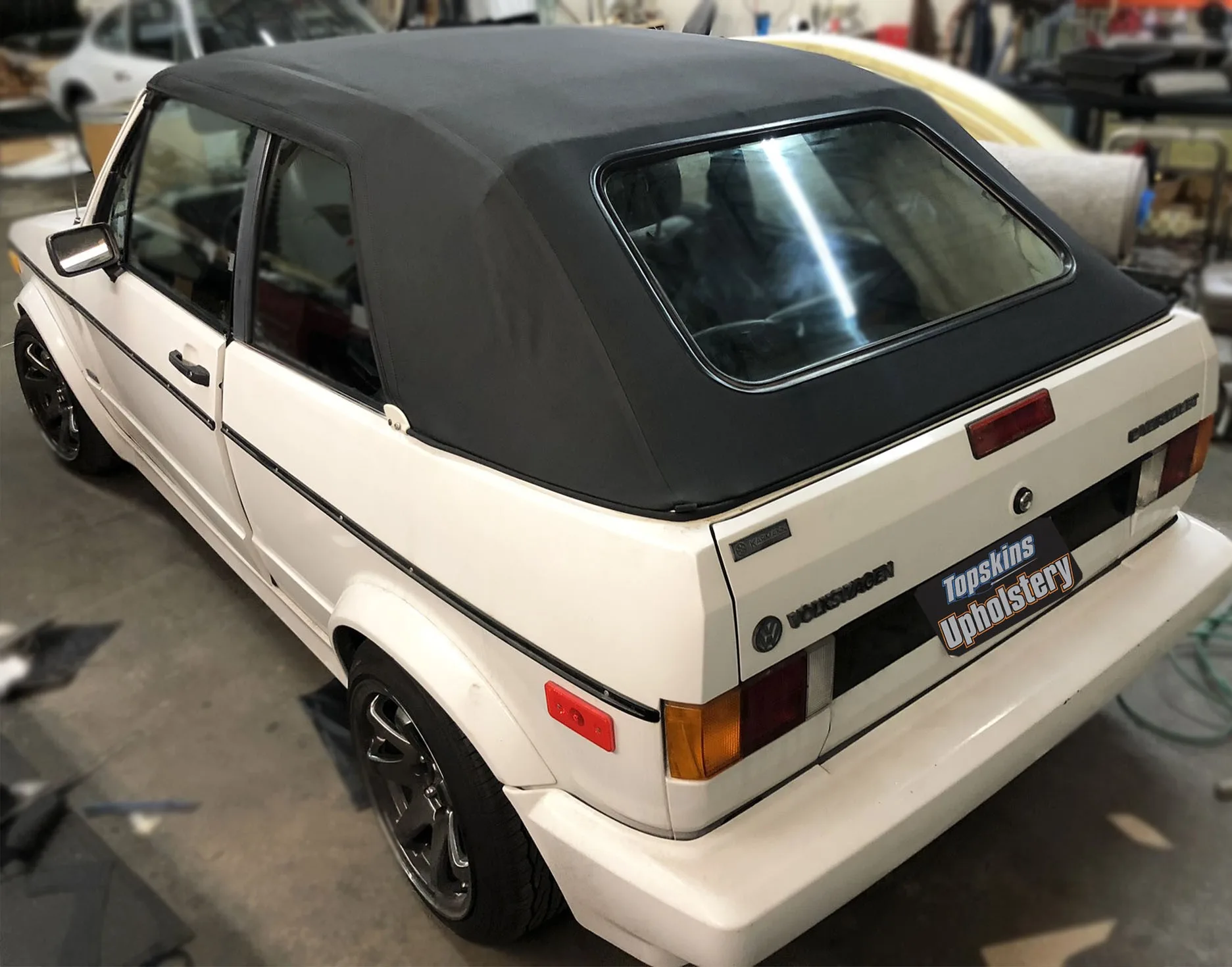 After picture of a 1988 Volkswagen Cabriolet convertible top replacement, services provided by Topskins Upholstery in Salt Lake City, Utah and surrounding areas.